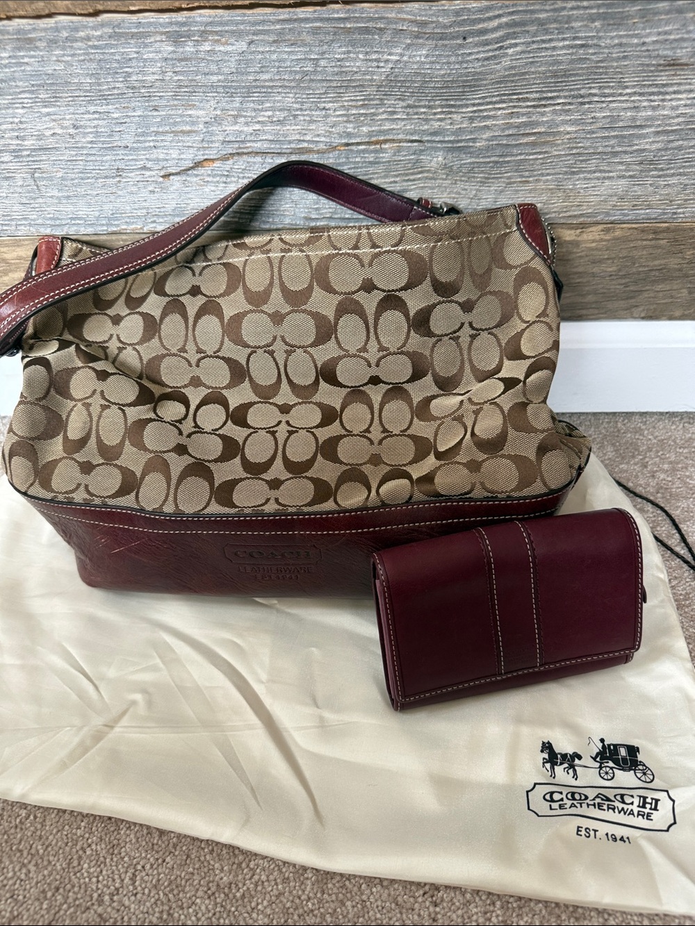 Coach Beige Signature Canvas Tote with Burgundy Leather Trim and Wallet
